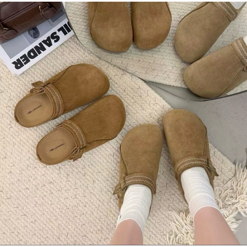 NEW9 รองเท้าหนังกลับ เปิดส้น แต่งเข้มขัด สูง 6 ฝ CM ( 36-40) **สินค้าส่งจากไทย**