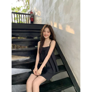 conycolours | hunny ribbin set dress ชุดเซตเสื้อสายเดี่ยว+กระโปรง ผูกโบว์ด้านหน้า