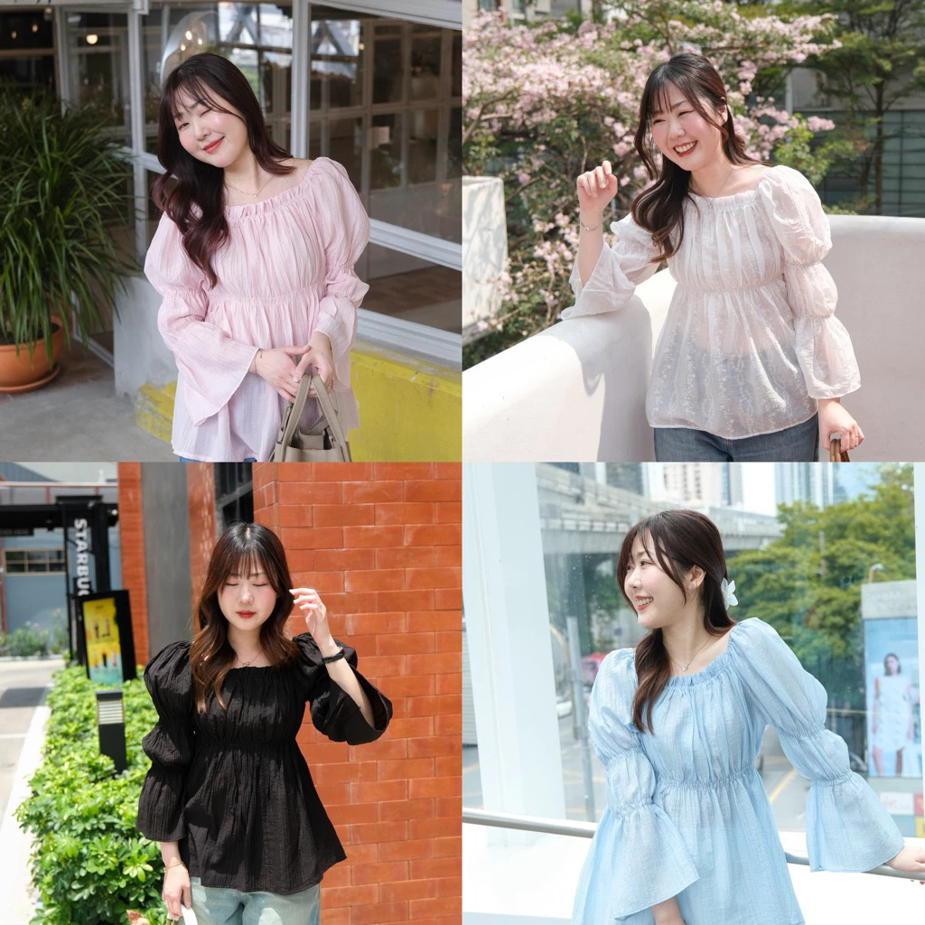 Bella top✨ Chakiya.store❣️เสื้อคอเหลี่ยม แขนยาวจั้มพองๆ สวยหรูสุดๆ✨(สีขาวแนะนำใส่ซับใน)