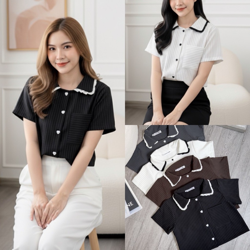 Millee  i Top เสื้อเบลแขนสั้นลายทางคอปกแต่งระบาย