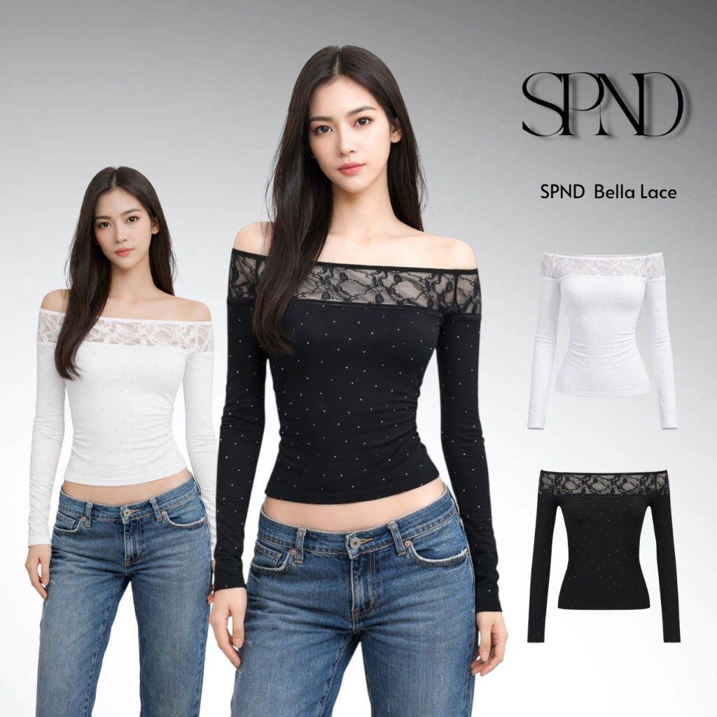 SPND【 Bella Lac】เสื้อเปิดไหล่แขนยาวลูกไม้ ดีไซน์เรียบหรู เข้ารูปผ้ายืดนุ่ม ใส่แล้วดูแพงแบบเกาหลี มี2สี #8729