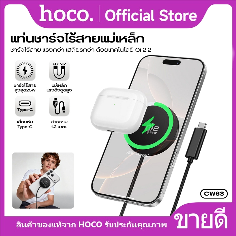 ที่ชาร์จแม่เหล็กไร้สาย HOCO CW63 Pro ระบบชาร์จเร็ว Qi2.2 25W ดีไซน์บางพิเศษ พกง่าย ชาร์จเสถียร สายยาว 1.2 เมตร