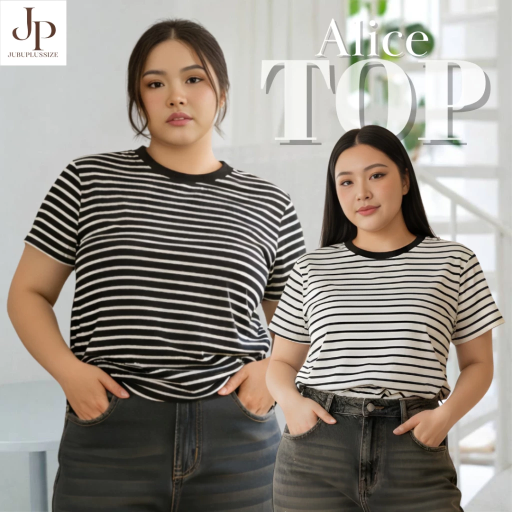 ส่งทันที🛵เสื้อยืดคอกลม เสื้อสาวอวบ baby tee ลายริ้ว ผ้าคอนตอน ไซส์ L/XL อก 36-44 นิ้ว #607