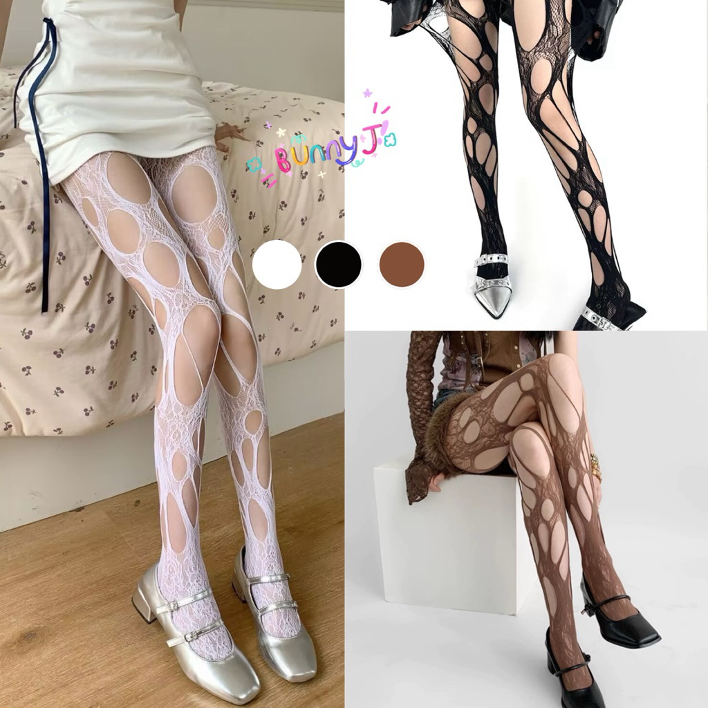 BunnyJ. 🎀 Spider Tights ✨ ถุงน่องลายขาดดีไซน์ใยแมงมุมสุดจึ้ง! ลุคตัวแม่สตรีท Y2K แซ่บไฟลุก 💖 พร้อมส่