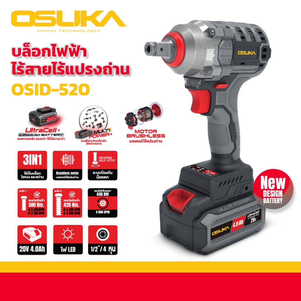 พร้อมจัดส่ง! OSUKA บล็อกแบตเตอรี่ไร้สายไร้แปรงถ่านน OSID-520 , OSID-LT520 20V