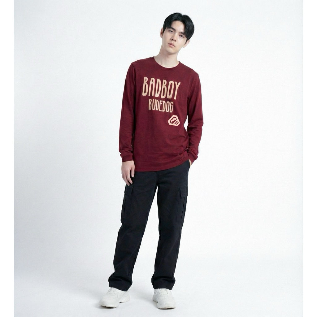 RUDEDOG Loop go เสื้อยืดแขนยาวผ้ายืดผ้านุ่มของแท้ของใหม่มือ1 Clothing ลายตัวอักษรทรงคลื่น RAWCUT ดีเทลสะท้อนความมั่นใจ