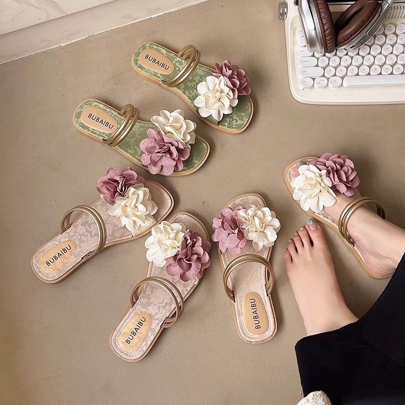 พร้อมส่งจากไทย【812】รองเท้าแตะพื้นแบนสายไขว้ดอกไม้3สีใหญ่สไตล์เกาหลีมินิ