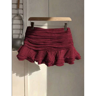 กระโปรงสั้น จับจีบ ฉัตรเลเยอร์ ผู้หญิงสีทึบ ผ้าไหมทอ Multi-Layered Ruffle Hem กระโปรงสั้นมินิ สวยตรงปก