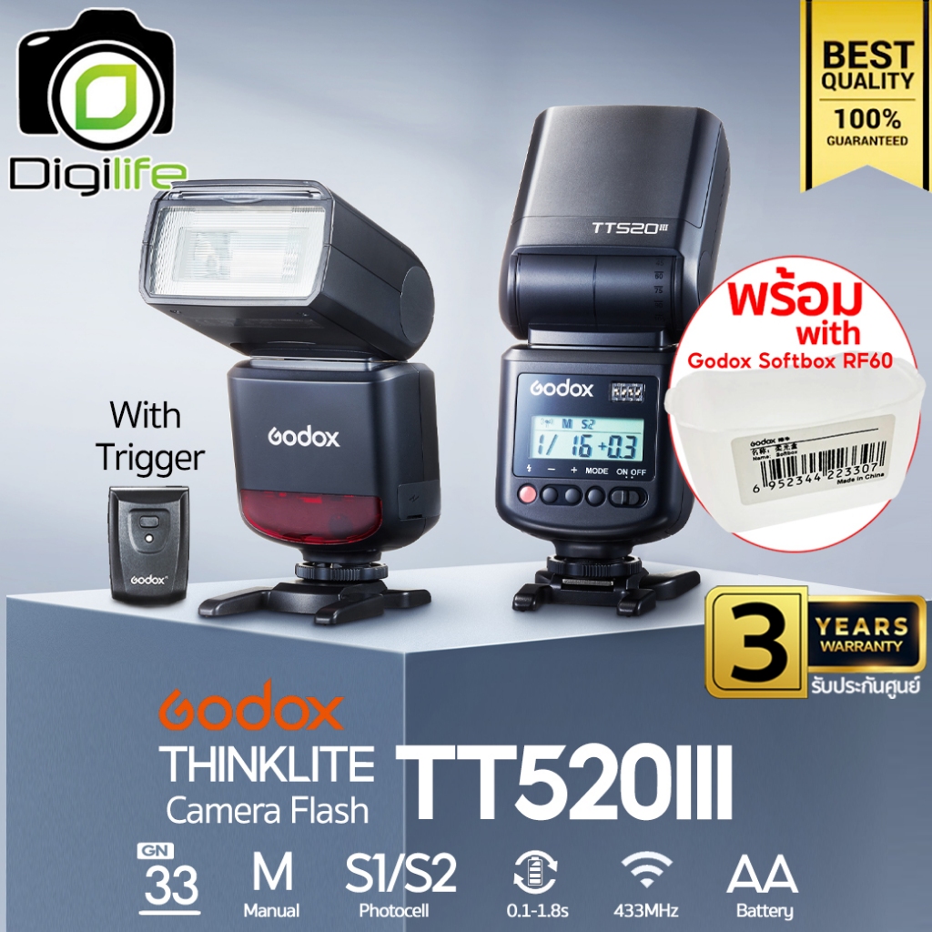 Godox Flash TT520III พร้อม Trigger, แมนนวล ( ใส่เฉพาะรุ่นที่มีจุดเชื่อมต่อตรงกลาง Hot Shoe) & S2, SA-K6, RF60 / Digilife