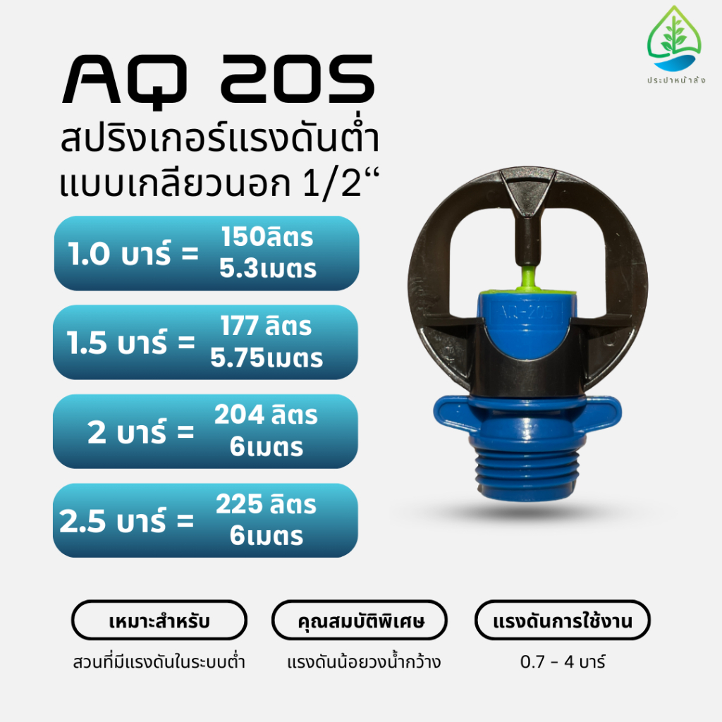 AQ 205 สปริงเกอร์แรงดันต่ำ 0.7บาร์ 225 ลิตร/ชั่วโมง วงน้ำ6เมตร แบบเกลียวนอกและเกลียวใน ขนาด 4 และ 6ห