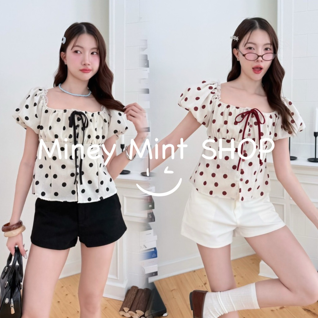 miniminey💕เสื้อคอเหลี่ยมแขนตุ๊กตาทรงพองเจ้าหญิง กระดุมหน้าผูกโบว์ แต่งลูกไม้ ลุคคุณสุดๆ