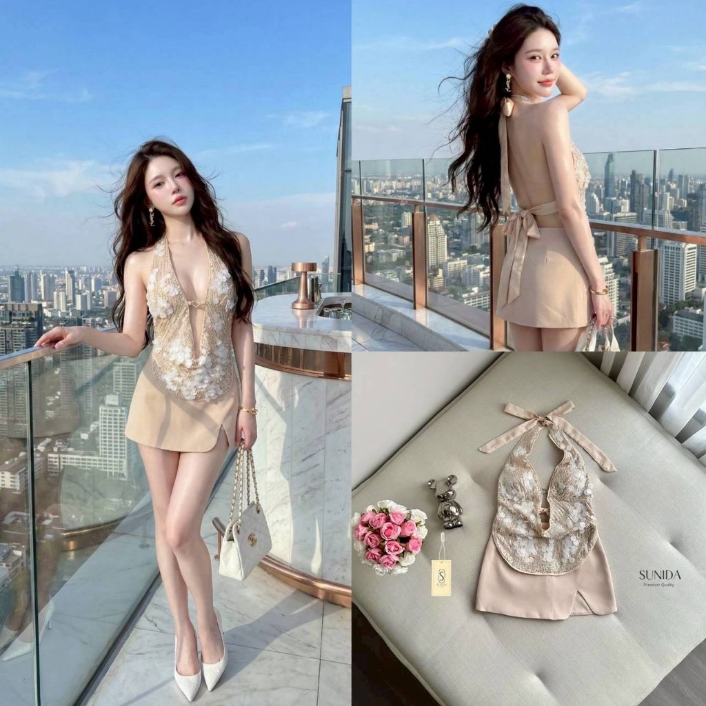 Sunida ชุดเซต2 ชิ้นสีครีม แชมเปญ เสื้อผูกคอเกล็ดปลาแต่งอะไรหัวใจด้านหน้าด้านหน้าเป็นคอถ่วง+ กระโปรงผ่าหนาสีครีม