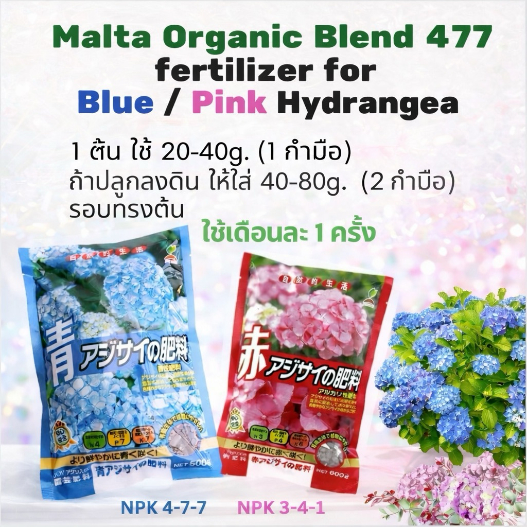 ปุ๋ยไฮเดรนเยีย สำหรับดอกสีฟ้า-ชมพู ช่วยปรับสภาพดิน สนับสนุนการเปลี่ยนสีดอก และบำรุงต้นให้แข็งแรง