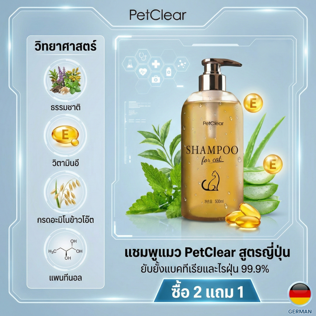 PetClear แชมพูแมว 500ml กำจัดไร 99.9% ขนสวยสุขภาพดี กลิ่นหอม