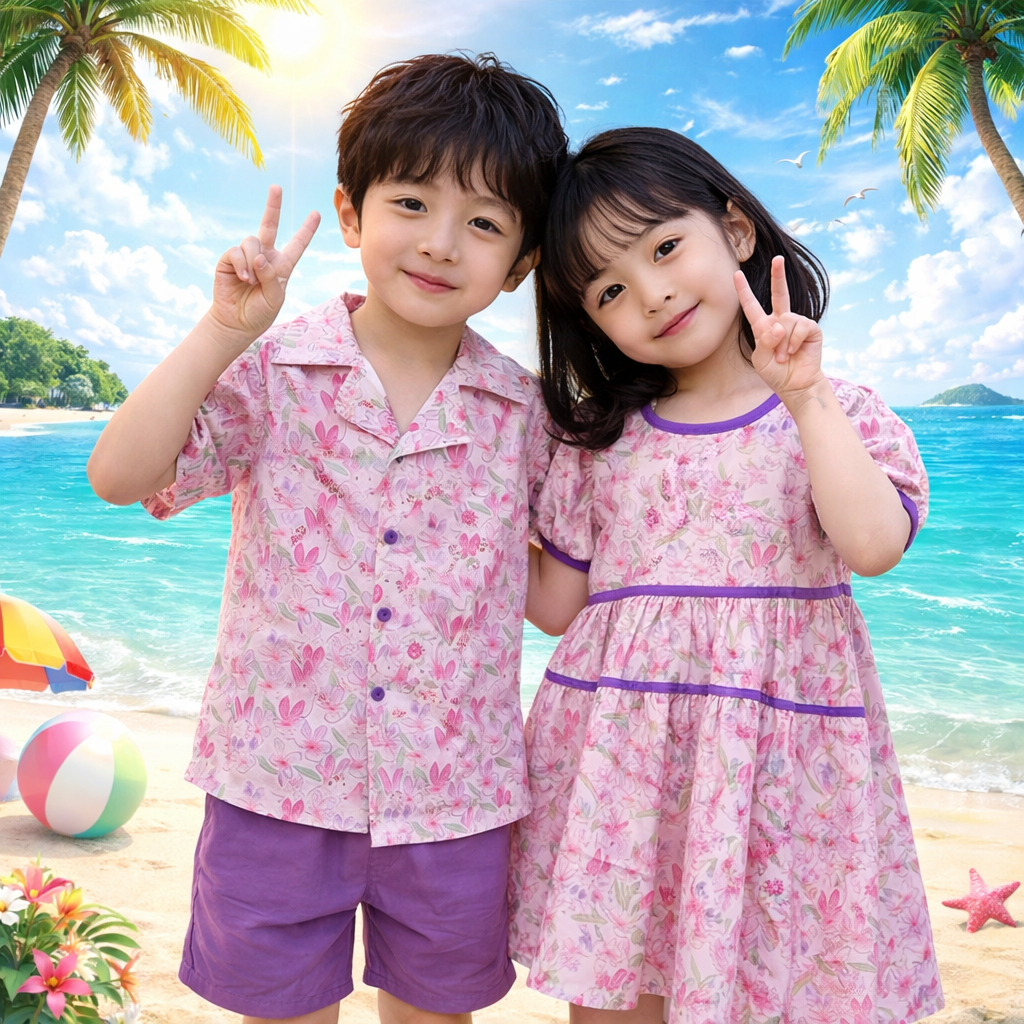 MC204 ชุดเซ็ตพี่น้องลายดอกชมพู Summer Beach เซ็ตลายดอกโทนชมพูม่วง