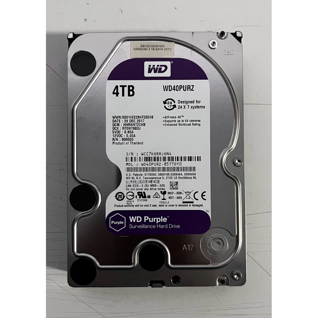 ฮาดดิส CCTV 4TB WD PURPLE (5400RPM, 64MB, SATA-3, WD40PURZ) (สีม่วง) มือสอง