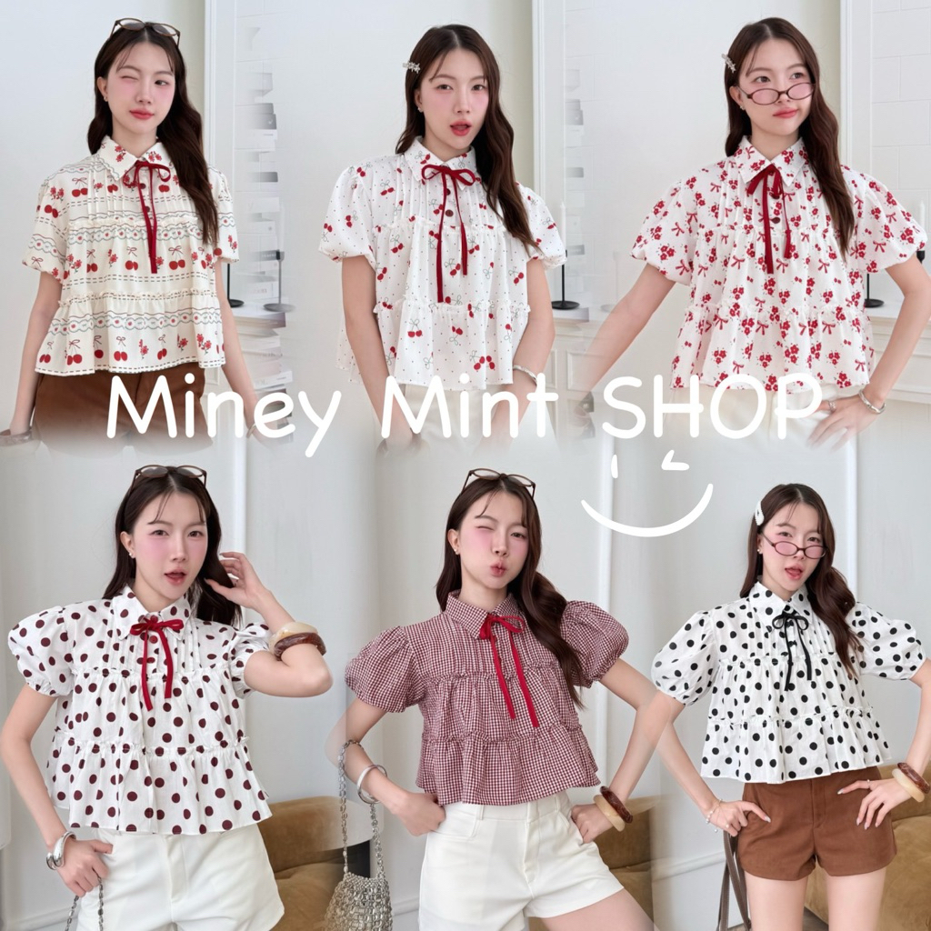 miniminey🌈เชิ้ตคอปกตีเกร็ด แต่งสายผูกคอ ทรงเจ้าหญิง