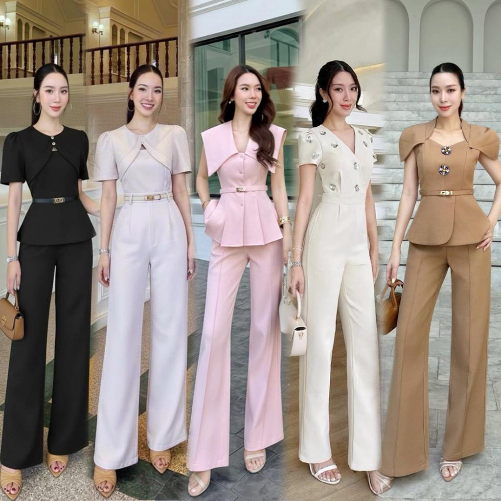 S-XXL เซต2ชิ้น, จั๊มสูท กางเกงขายาว สีครีม,แดง,ดำ,ชมพู ใส่เที่ยว ไปงานแต่ง งานบวช งานบุญ #ชุดเซ็ทกางเกง #Jariya
