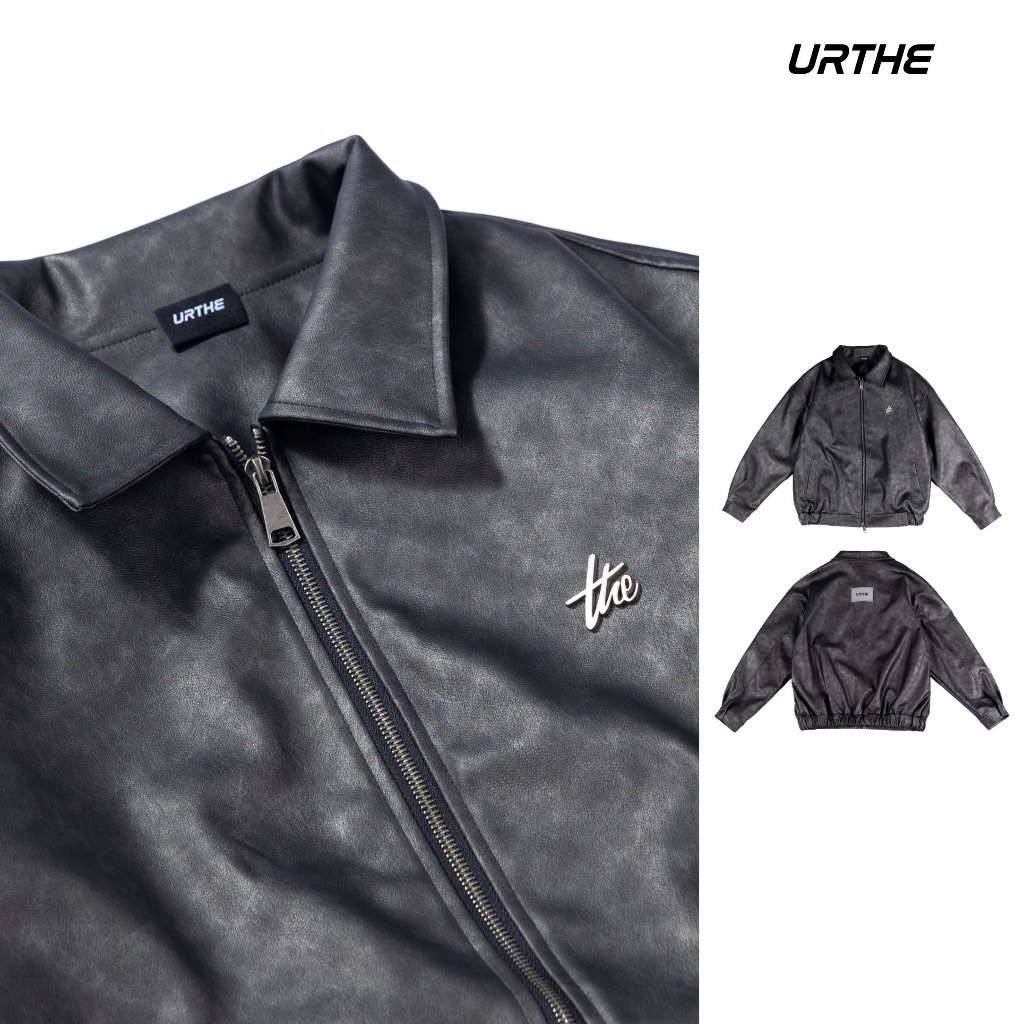 URTHE - เสื้อแจ็คเก็ต Oversize รุ่น REPUBLICS END THROUGH LEATHER BLOUSON JACKET
