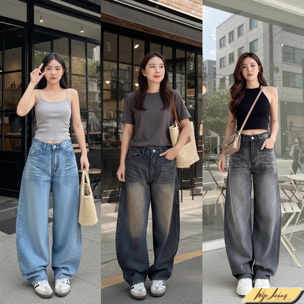 กางเกงยีนส์ Barrel Jeans ทรงโค้งพรางหุ่น สไตล์เกาหลี ผ้าเดนิมพรีเมียม ดีเทลฟอกวินเทจ ใส่สบายแมตช์ได้ทุกลุค TB12