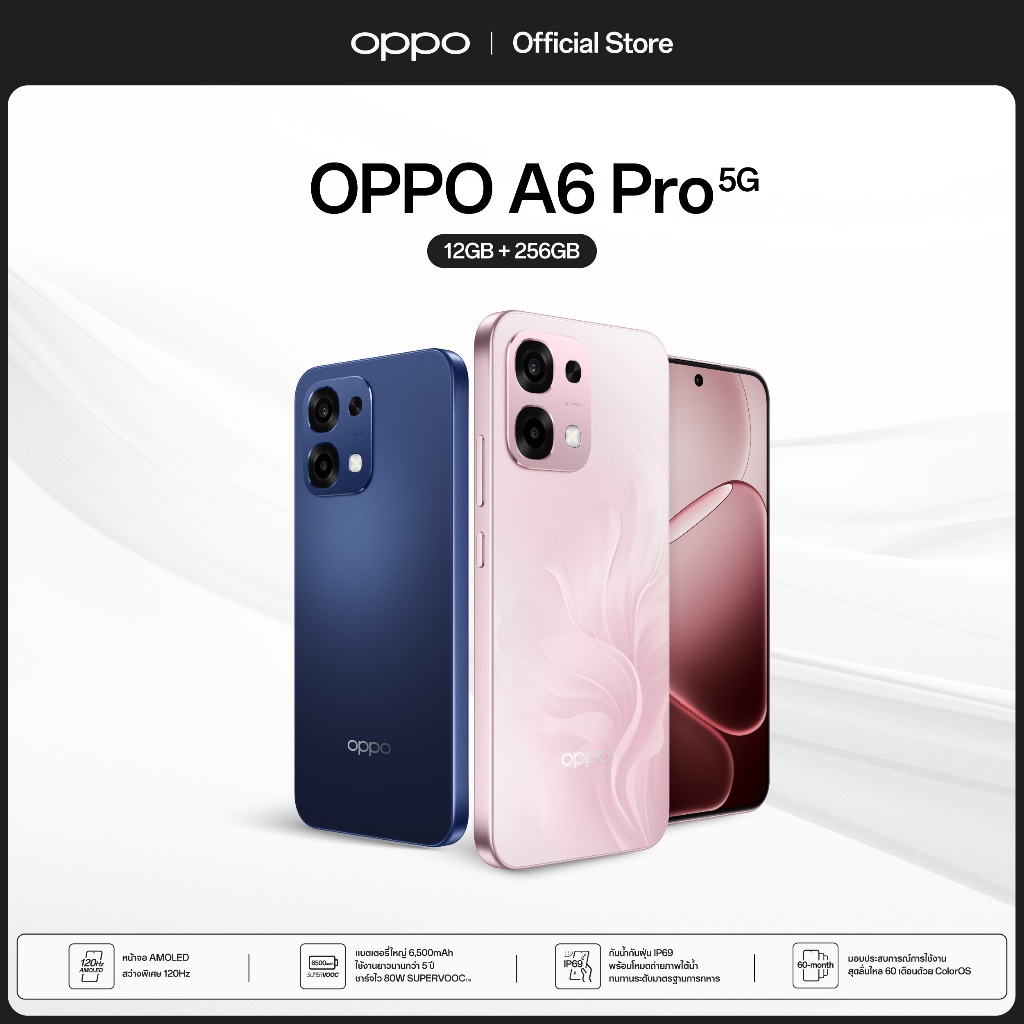 [New] OPPO A6 Pro 5G (12+256G) โทรศัพท์มือถือทนทาน กันน้ำ/กันฝุ่น IP69กล้อง 50 MPชาร์จไว 80Wแบตเตอรี
