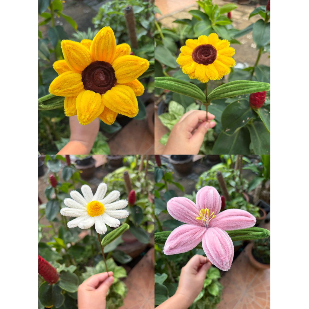 [พร้อมส่ง]ดอกไม้ลวดกำมะหยี่ 🌻 ทานตะวัน เดซี่ ลิลลี่ เยอบีร่า ทิวลิป ห่อซองพลาสติก ผูกริบบิ้น