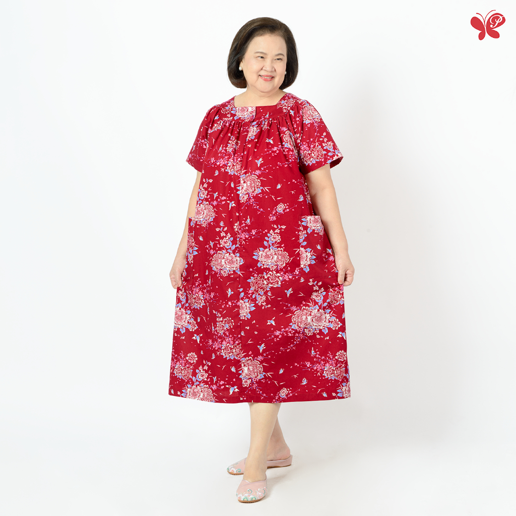 ชุดเดรสผู้สูงอายุ/คุณแม่ให้นม Margareta Dress - Peony - Cotton 100% ซิปยาวด้านหน้า (Silver Age Fashion/Elderly Friendly)