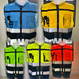 (พร้อมส่ง) เสื้อกั๊กสะท้อนแสงมี 5 กระเป๋าทูโทน เนื้อผ้าใส่สบ…