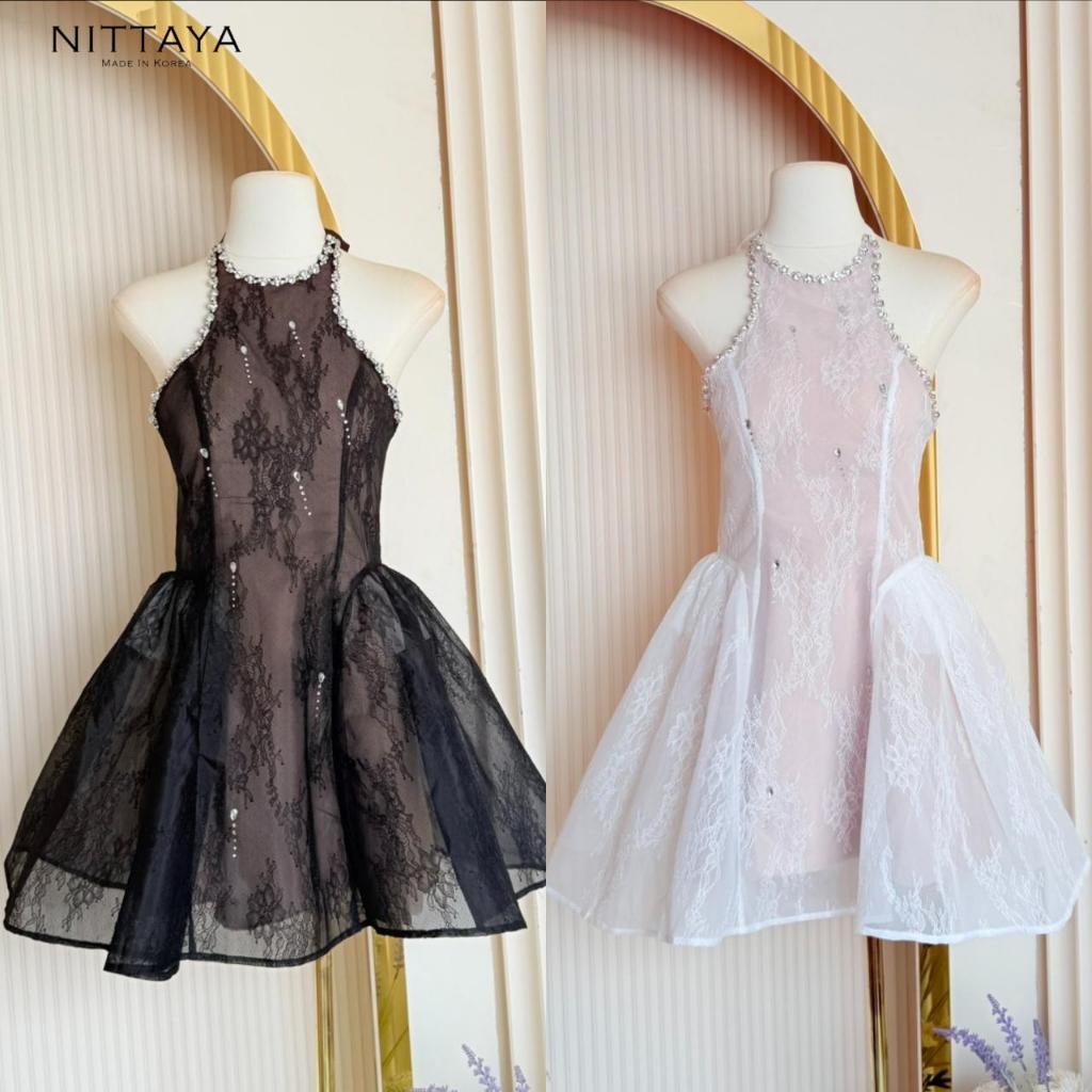 [NITTAYA] D2866 ชุดเดรสกระโปรงคล้องคอผูกโบว์เว้าแขนเพชรคริสตัลลูกไม้ซีทรูลัคซูสุด ใส่เที่ยว ดินเนอร์ ราคา ถูกที่สุด ดีลบีเคเค แกลเลอรีภาพที่ 2