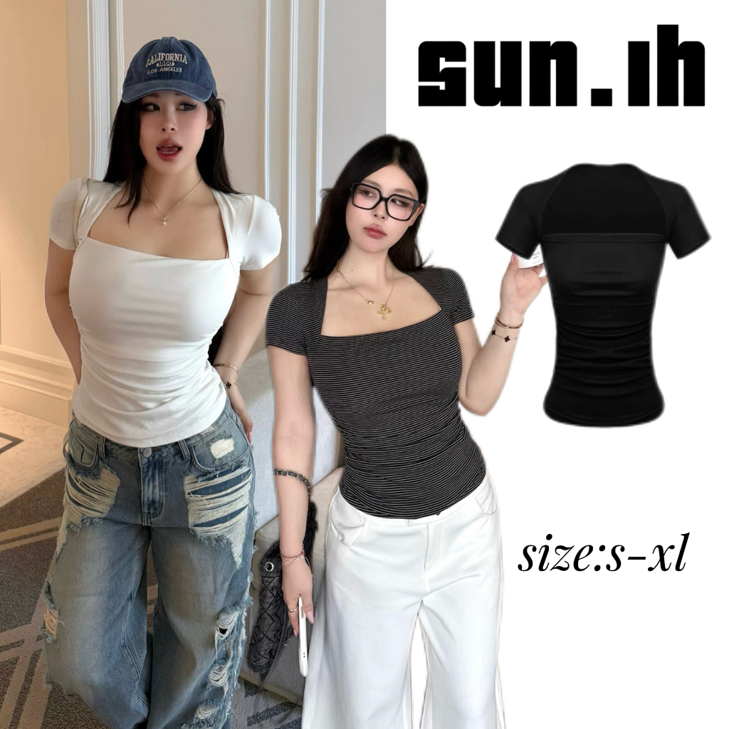 SUN🛍️พร้อมส่ง🛍️เสื้อยืดแขนสั้นฤดูร้อนสำหรับผู้หญิงคอสี่เหลี่ยมคางหมูทรงสลิมและเสื้ออเนกประสงค์