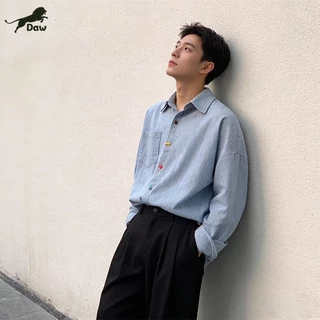 Daw เสื้อเชิ้ตแขนยาวสไตล์เกาหลี เสื้อเชิ้ตลายทางผู้ชาย ผ้าคัตตอลอย่างดี ดีไซน์เรียบหรู ใส่ทำงาน ใส่สบายทุกโอกาส