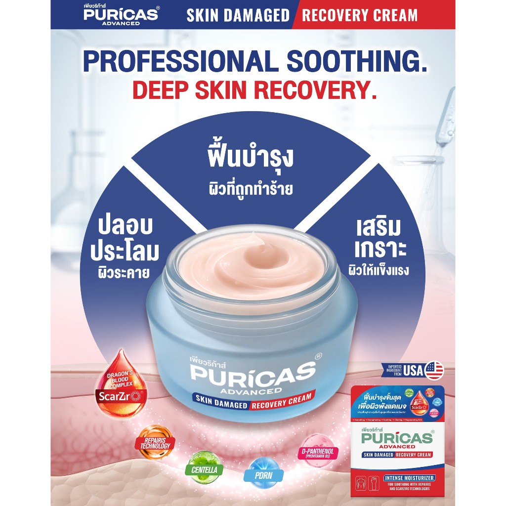 [เซ็ต ฟื้นฟูผิวมีแผล เหมาะแผลโดนของร้อน] Puricas Advanced Scar Gel 9g.+ Advanced Skin Damaged Recovery Cream 40g. — صورة 4
