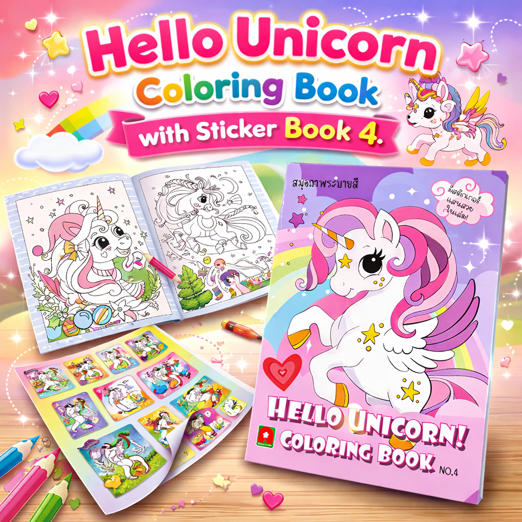 Aksara for kids หนังสือ สมุดภาพ ระบายสี สติกเกอร์ Hello Unicorn เล่ม 4