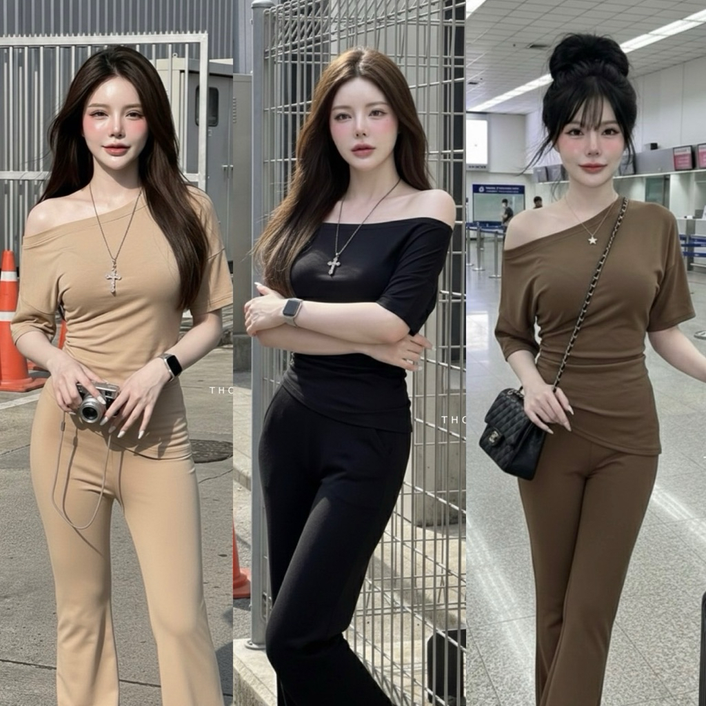 ป้ายTS(ทองสุข) VICKY SET เซทปาดไหล่ชายเฉียงกับกางเกงขาม้า