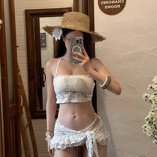 ส่งไว ชุดว่ายน้ำบิกินี่ 3 ชิ้น bikini sexy ผ้าลูกไม้สีขาว พร้อมกระโปรงซีทรู สไตล์เกาหลี#1029