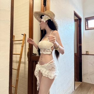 ส่งไว ชุดว่ายน้ำบิกินี่ 3 ชิ้น bikini sexy ผ้าลูกไม้สีขาว พร้อมกระโปรงซีทรู สไตล์เกาหลี#1029