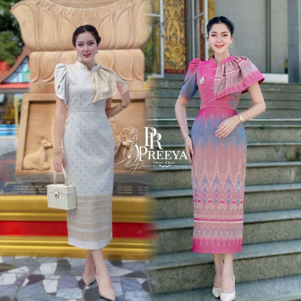 PR156 เดรสผ้าฝ้ายทอลายพลอยพรรณ อัดกาวทั้งชุด ชุดไทย แบรนด์ preeya ราคา ถูกที่สุด ดีลบีเคเค แกลเลอรีภาพที่ 2