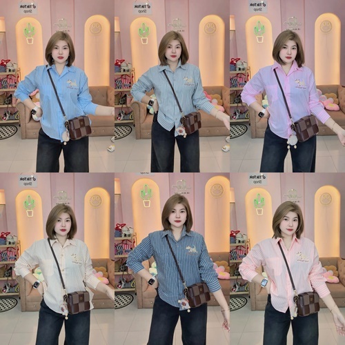 F74 เชิ้ตลายริ้วแขนยาวปักน้องหมา อก44"-48"-52"