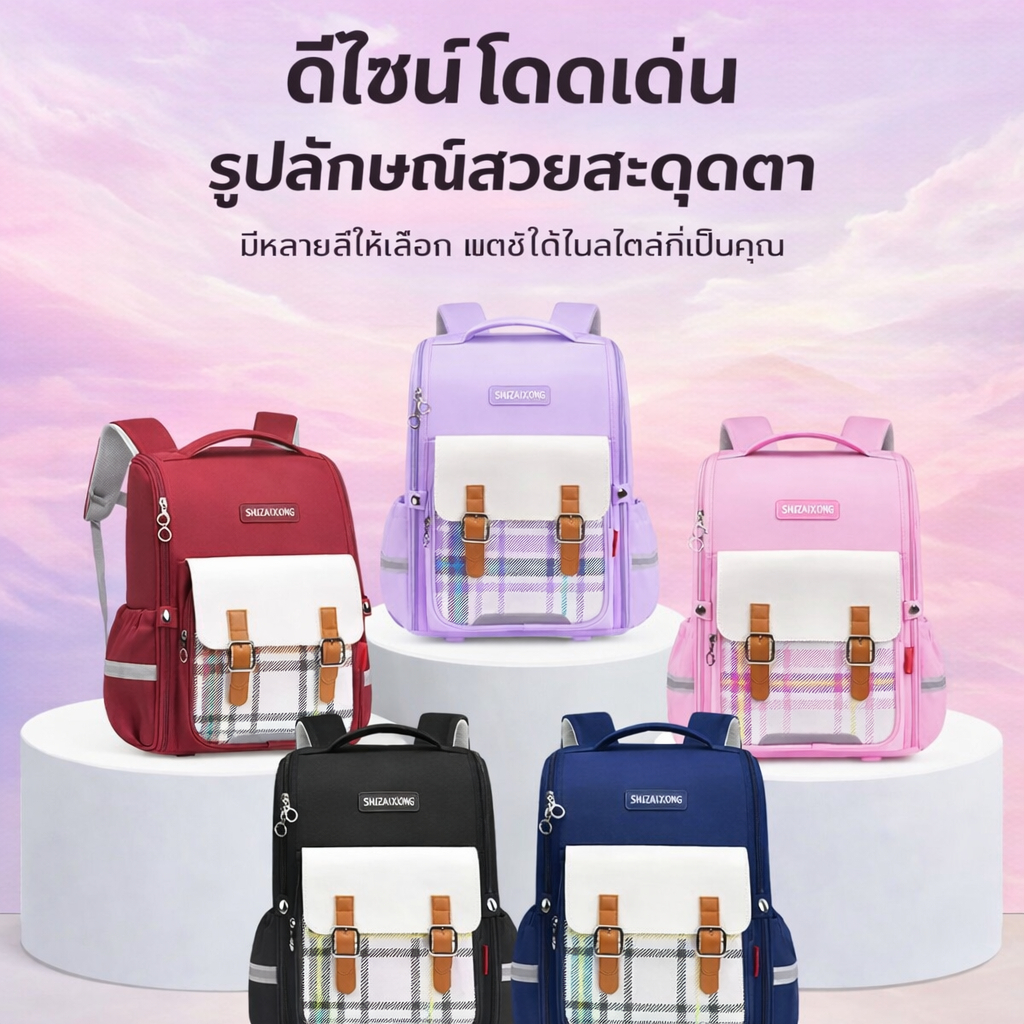 [YL3956 ]กระเป๋านักเรียนประถม กันน้ำ ดีไซน์พรีเมียม ลายสก็อต จุของได้เยอะ ทนทาน น้ำหนักเบา พร้อมส่ง