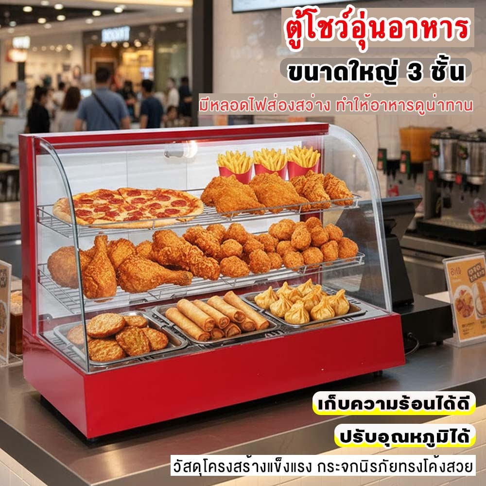 JTL ELECTRIC ตู้โชว์อุ่นอาหารไฟฟ้า ควบคุมอุณหภูมิ 30–85°C มีตัวเลือกขนาดสินค้า กระจกโค้งใสเหมาะสำหรั
