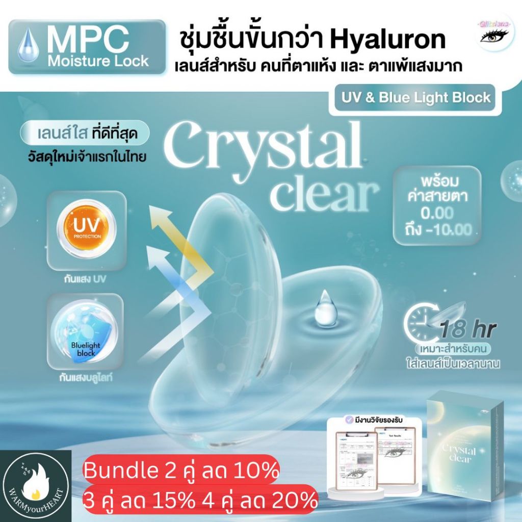 GLITZLENS CRYSTAL CLEAR คอนแทคเลนส์ใสรายเดือน วัสดุ MPC กันแสงสีฟ้า/UV Moisture lock