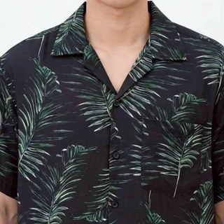 เสื้อเชิ้ตฮาวาย ลายใบไม้เขียว (พื้นสีดำ) ผ้าไหมอิตาลี