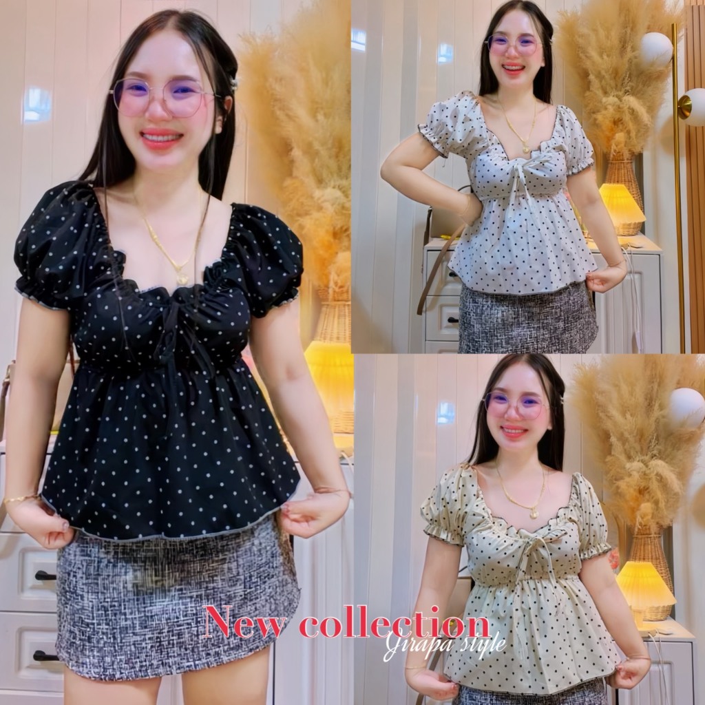 เสื้อแขนตุ๊กตา polkadot แต่งระบาย น่ารักๆ มี2ไซส์ JR42