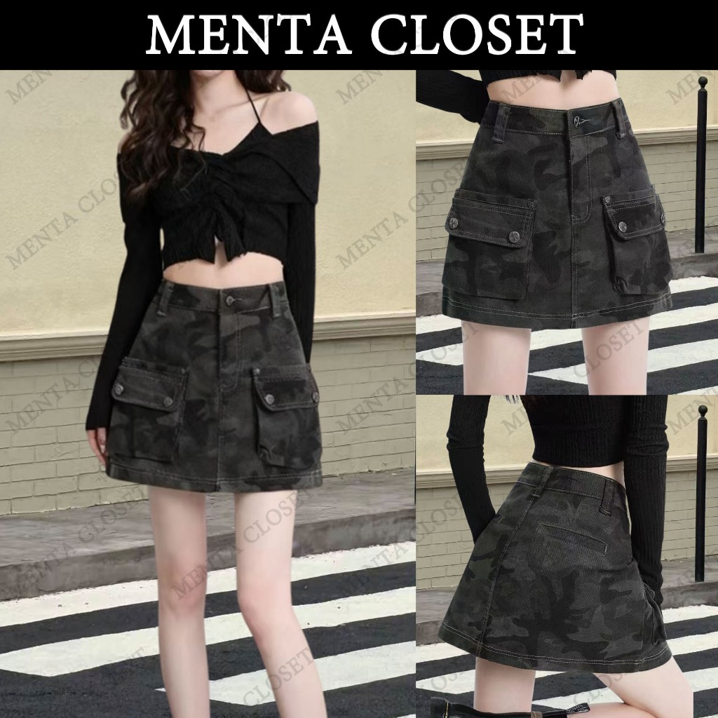 MentaCloset🖤 กระโปรงยีนส์ครึ่งตัวลายพรางสไตล์งานช่าง ดีไซน์เอวสูง สไตล์ถนน กระโปรงสั้นรุ่นใหม่ S-XL🩵6635