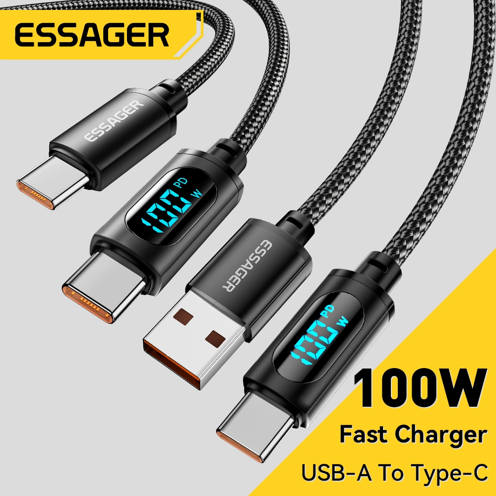 7A Essager 100W USB A To Type C To C แสดงสาย PD สายชาร์จเร็วสำหรับ Xiaomi Poco3 Samsung Huawei