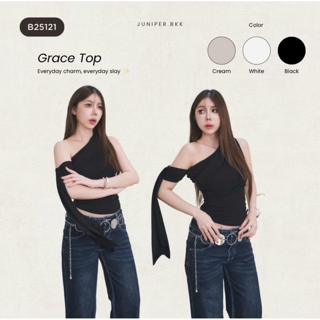มือ 1 เสื้อไหล่เดียว ปาดไหล่ สีดำ ฟรีไซส์อกถึง 38 ป้าย Juniper.bkk
