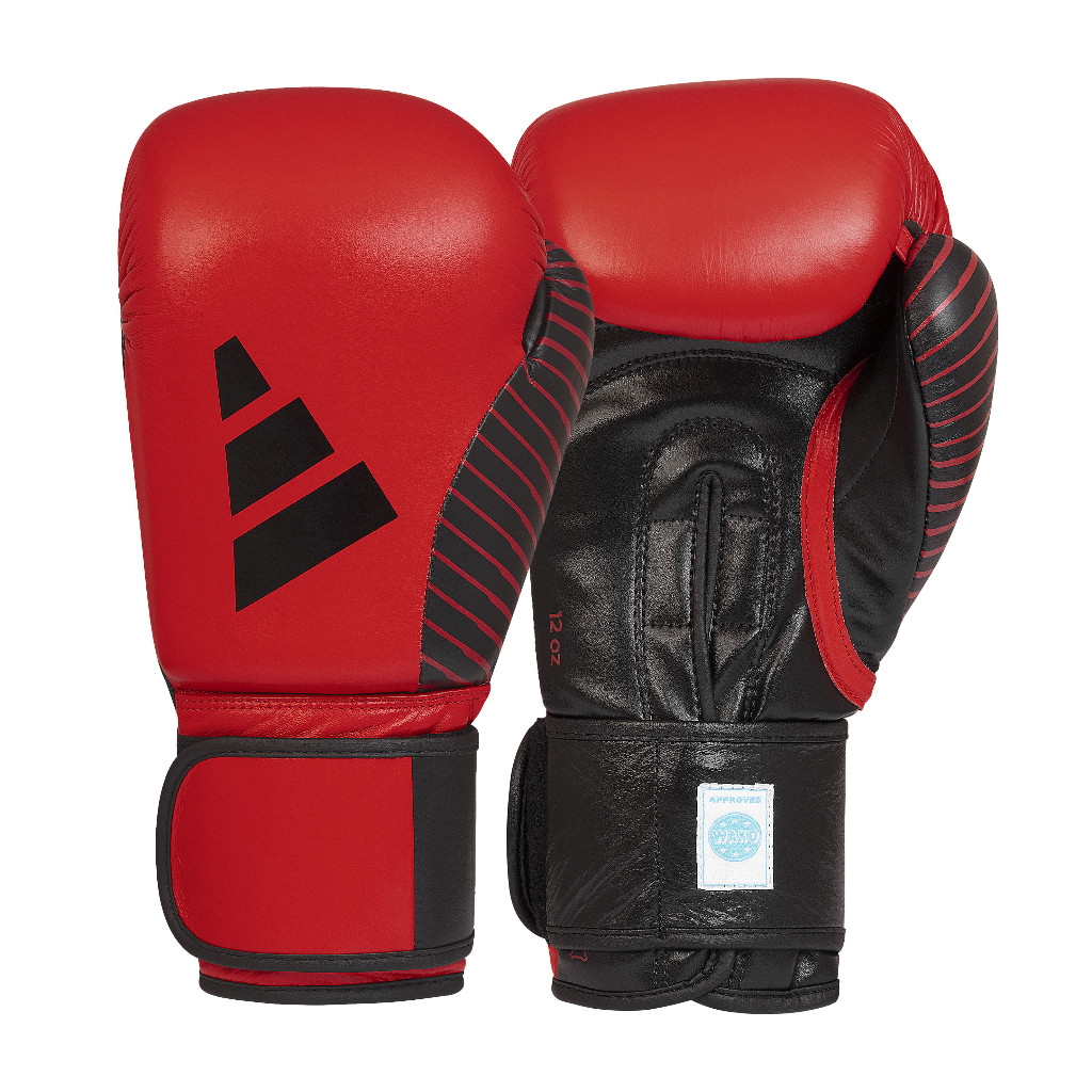 นวมหนังแท้ adidas WAKO Competition Gloves 10oz สำหรับคิกบ็อกซิ่งและมวย สีแดง/ดำ - WAKO Approved (ADI
