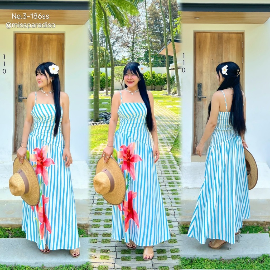 3-186SS MDเดรสสายเดี่ยวย่นริ้วฟ้าลายดอกชมพู