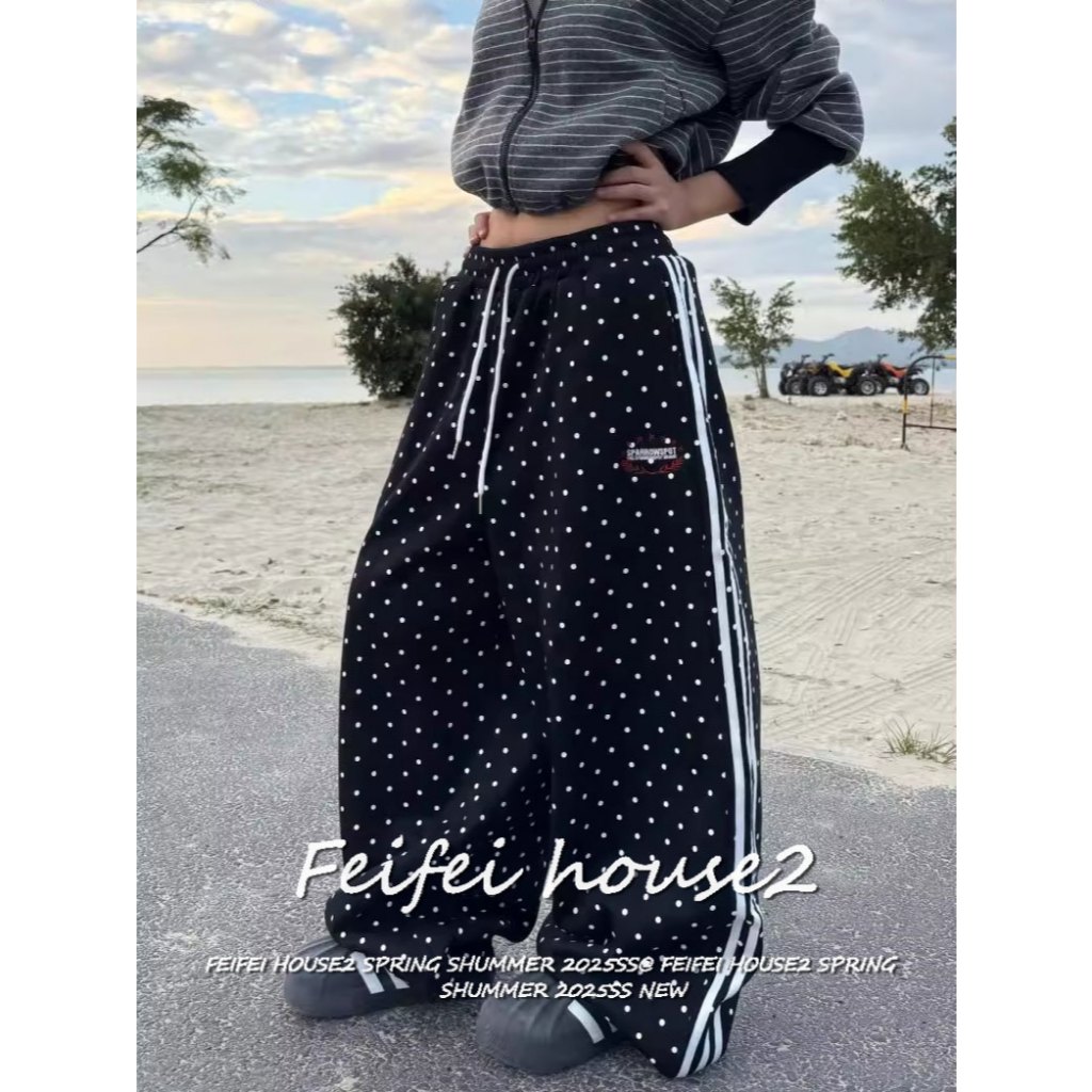 [Polka dot side stripe trousers]ผู้หญิงฤดูร้อนสไตล์เรโทรลำลองสำหรับลายตัวอักษรและลายจุดกางเกงขายาว ราคาถูก Shopee Lazada