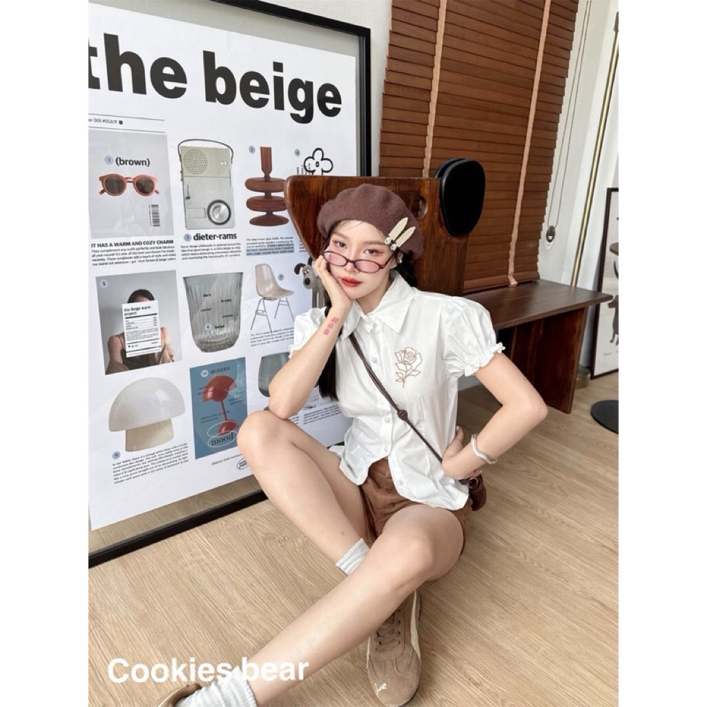 Cookies bear เสื้อเชิ้ตแขนตุ๊กตา ผ้าคอตตอน ปักลายกุหลาบ